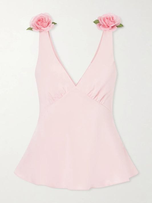 Image of a model wearing Tops. Product name - Embellished Silk-crepe Top in Pink colour by brand - Rodarte