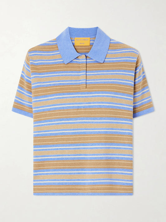 Image of a model wearing Tops. Product name - Striped Cotton And Cashmere-blend Polo T-shirt in Blue colour by brand - Guest In Residence