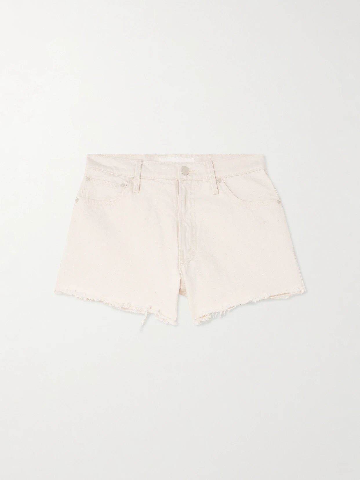 Image of a model wearing Shorts. Product name - The Dodger Frayed Denim Shorts in Off-white colour by brand - Mother