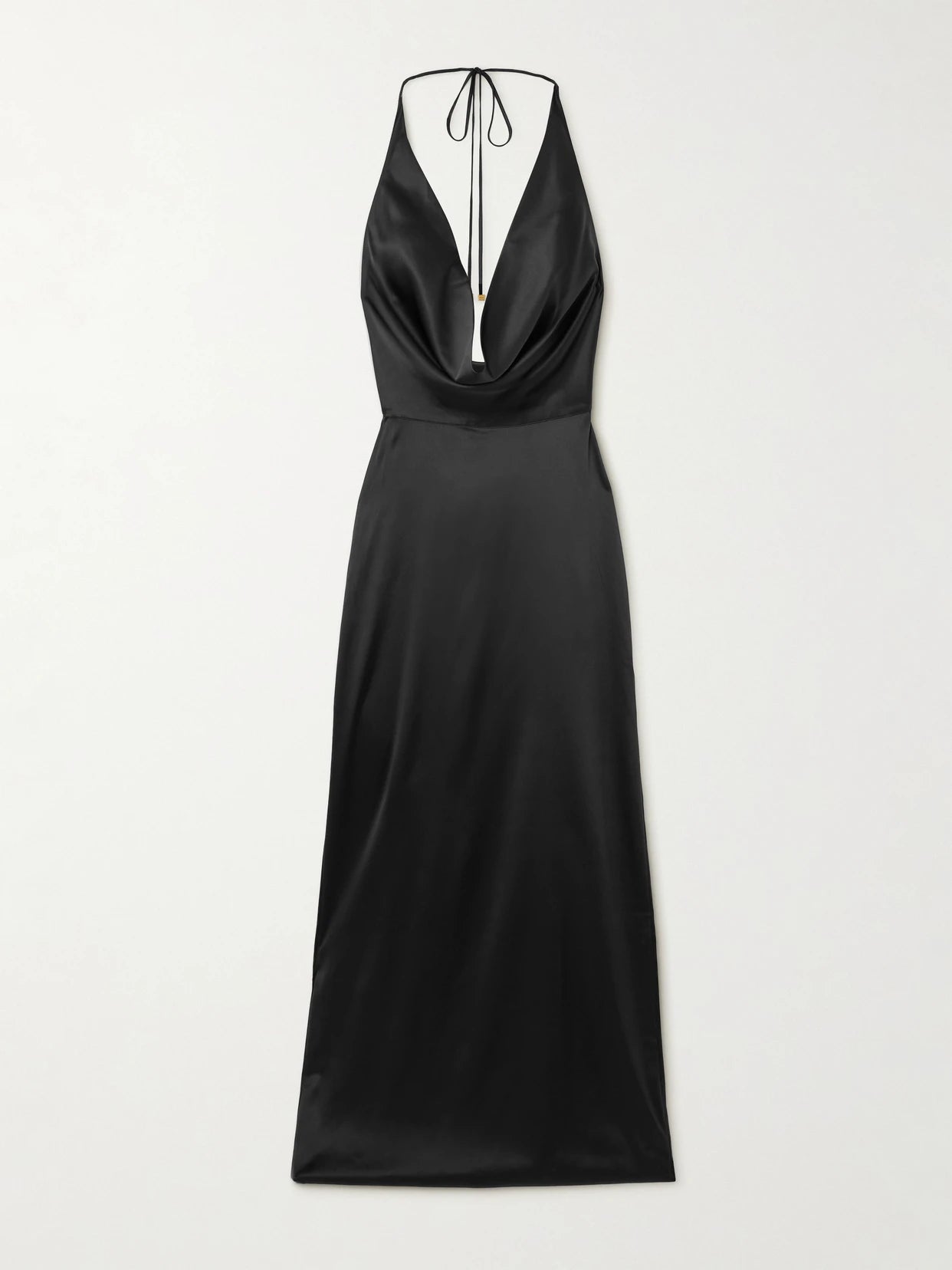 Image of Dresses. Product name - Carla Draped Silk-blend Satin Halterneck Maxi Dress in Black colour by brand - ÉTERNE