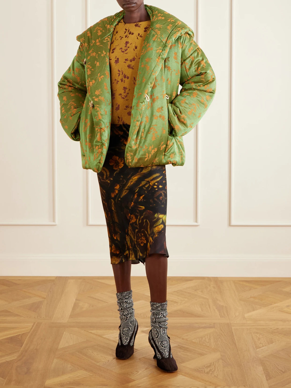 Image of Coats & Jackets. Product name - Hooded Padded Floral-jacquard Short Jacket in Light green colour by brand - Dries Van Noten