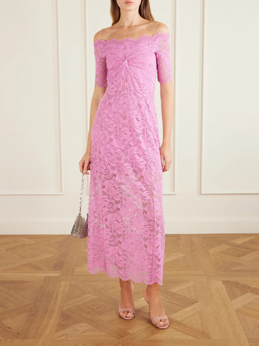 Image of Dresses. Product name - Off-the-shoulder Scalloped Lace Midi Dress in Pink colour by brand - RABANNE