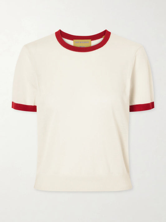 Image of a model wearing Tops. Product name - Airy Ringer Cashmere T-shirt in Cream colour by brand - Guest In Residence