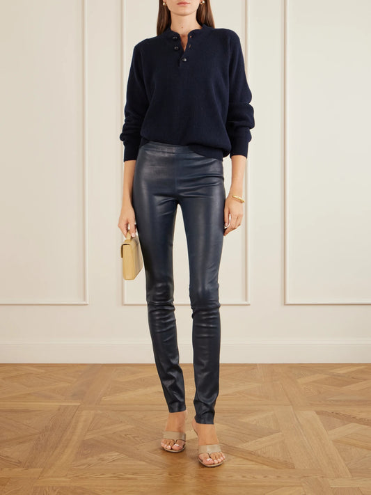Image of a model wearing Pants. Product name - Jo Leather Leggings in Navy colour by brand - STOULS