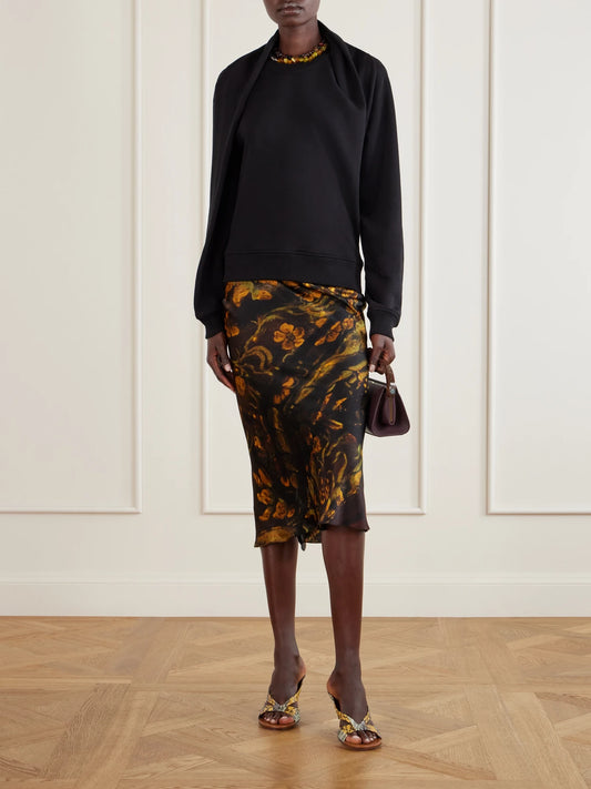 Image of a model wearing Tops. Product name - Draped Cotton-jersey Sweatshirt in Black colour by brand - Dries Van Noten