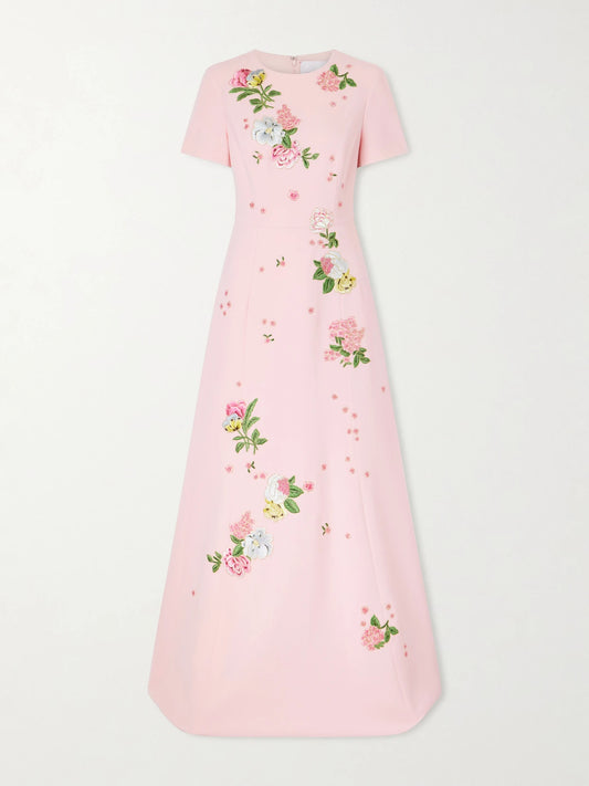 Image of Dresses. Product name - Floral-embroidered Crepe Gown in Pink colour by brand - Carolina Herrera