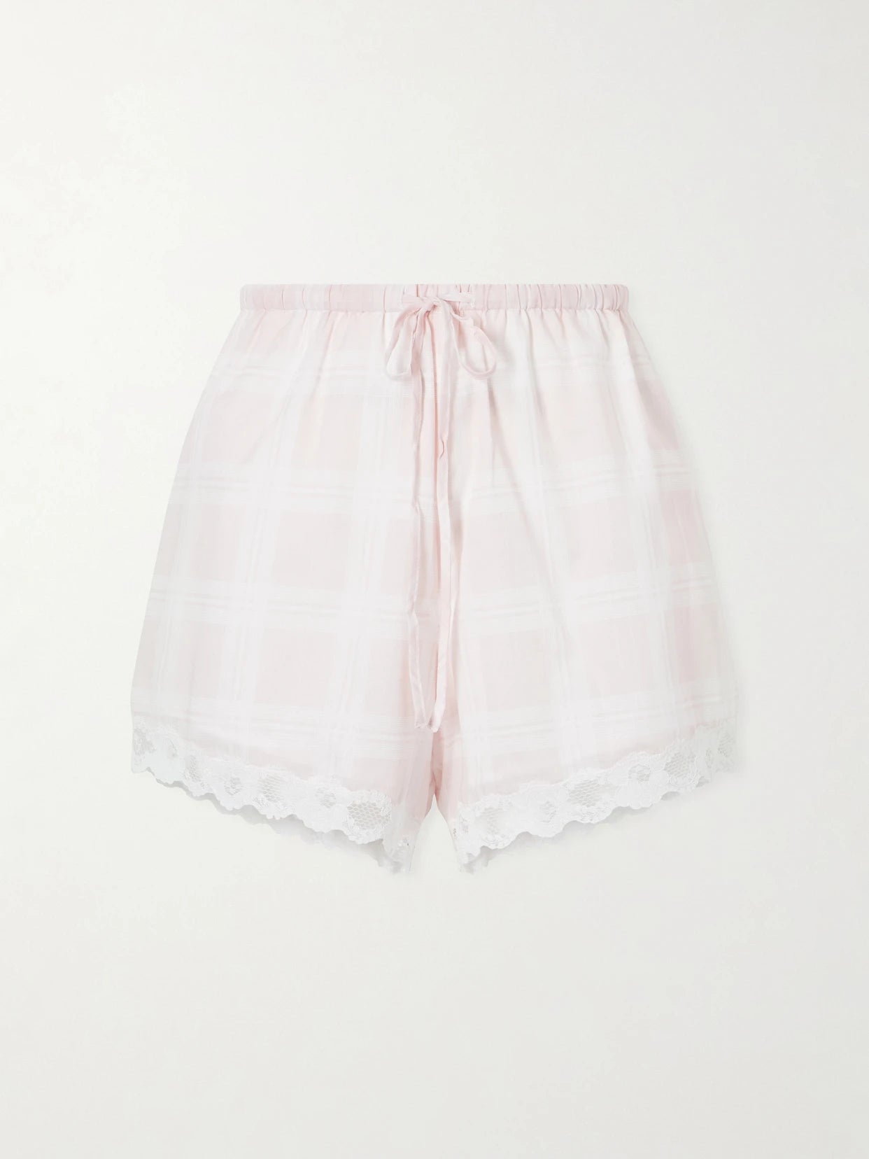 Image of a model wearing Shorts. Product name - Marilyn Lace-trimmed Checked Cotton Shorts in Pink colour by brand - Posse