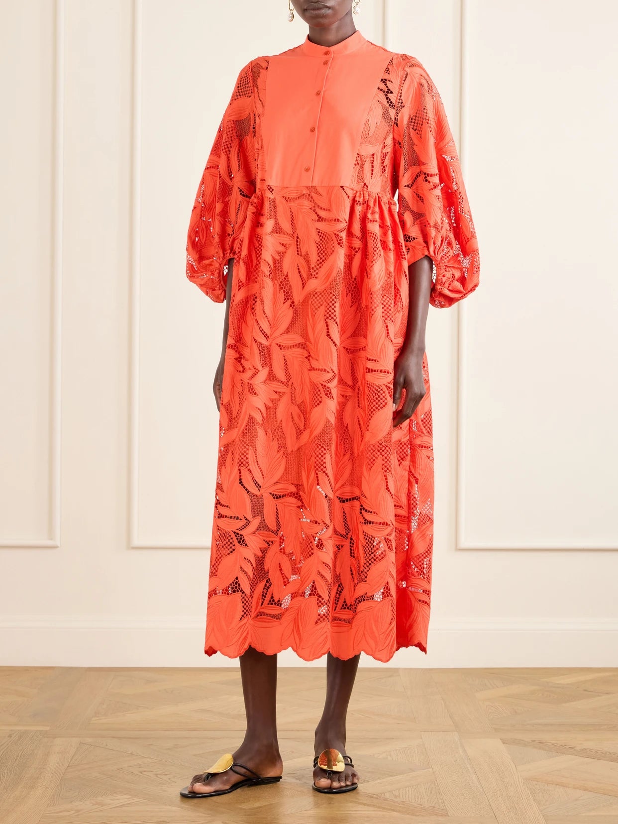 Bow-detailed Embroidered Poplin And Lace Midi Dress