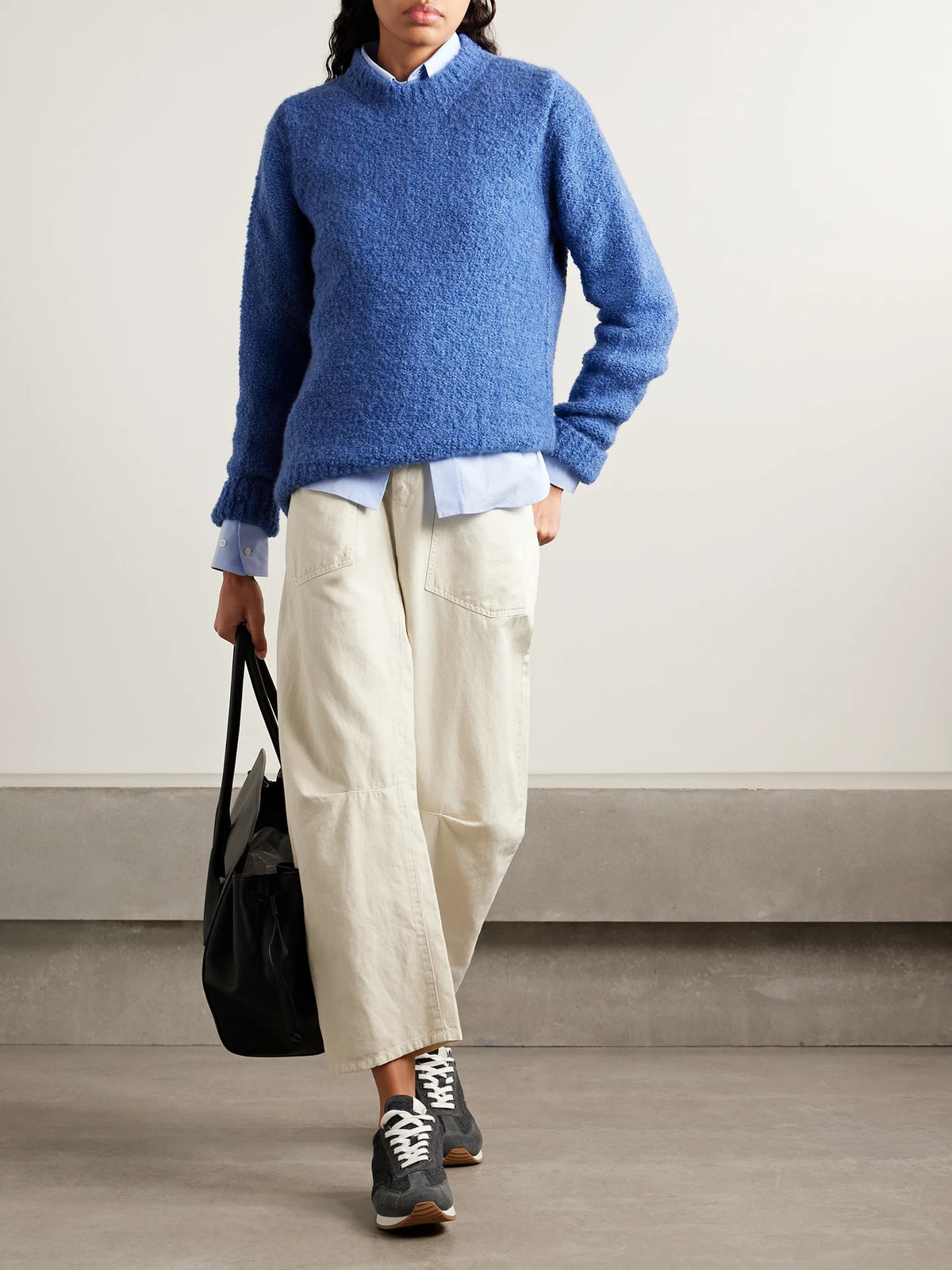 Image of a model wearing Outerwear. Product name - Cloud Cashmere-bouclé Sweater in Blue colour by brand - God's True Cashmere
