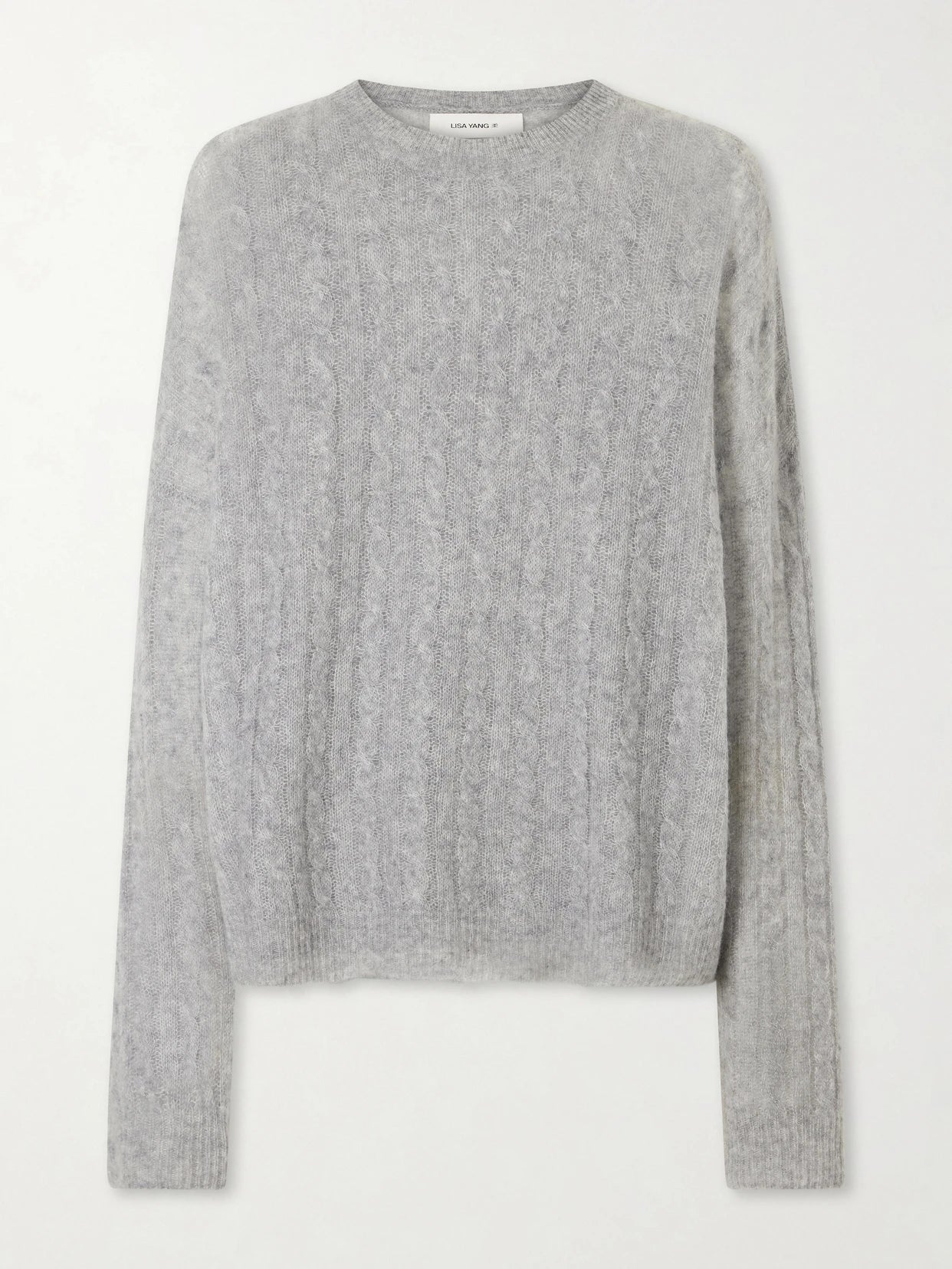 Image of a model wearing Outerwear. Product name - Amabel Cable-knit Cashmere And Silk-blend Sweater in Light gray colour by brand - LISA YANG