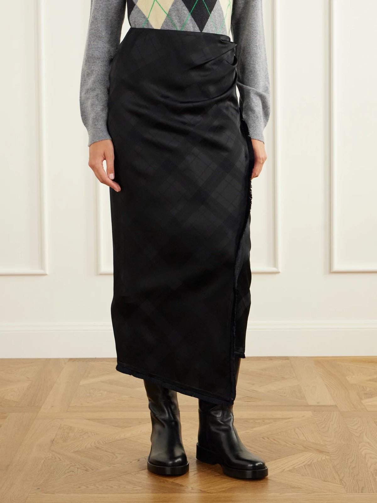 RÙADH The Alee Checked Frayed Asymmetric Satin Maxi Skirt