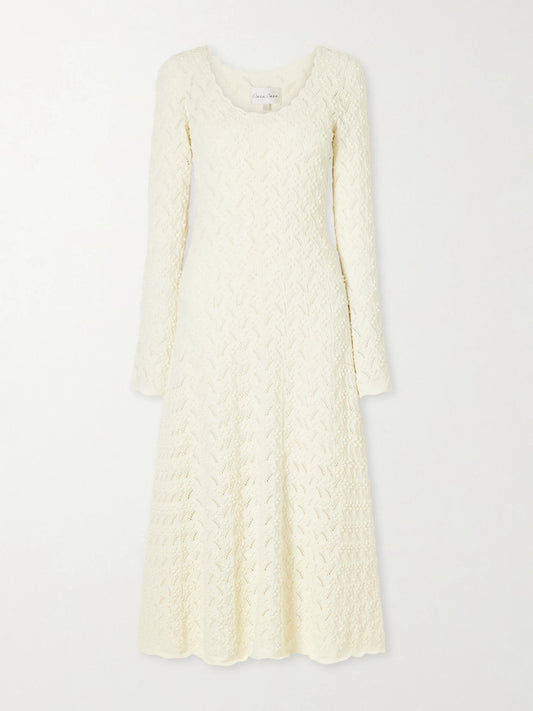 Image of Dresses. Product name - Avril Pointelle-knit Cotton Midi Dress in Ivory colour by brand - Cara Cara