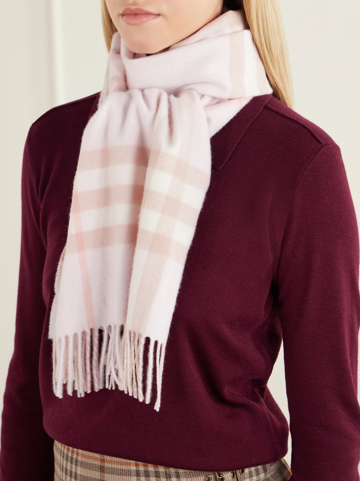 Image of Scarves & Shawls. Product name - Giant Fringe-detail Checked Cashmere Scarf in Baby pink, Forest green colour by brand - Burberry
