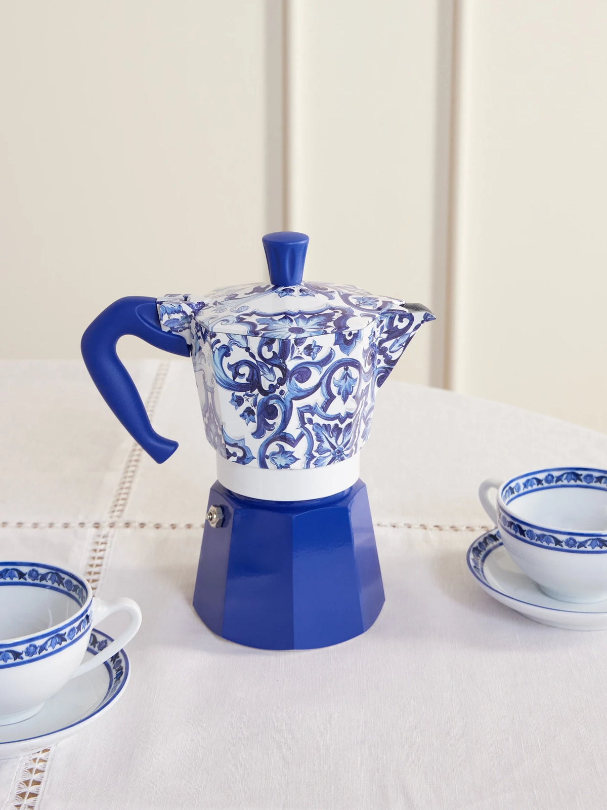 Image of Tableware. Product name - + Bialetti Moka Express Large Printed Aluminum Coffee Maker in Bright blue colour by brand - Dolce & Gabbana