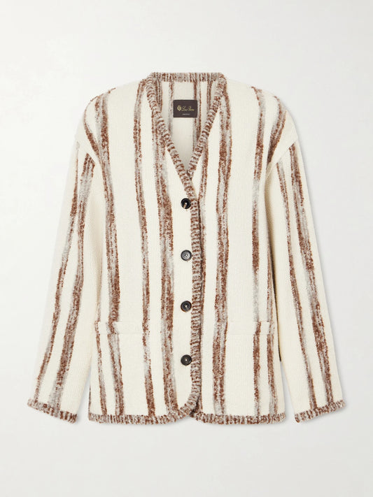 Image of Coats & Jackets. Product name - Wave Guava Striped Bouclé Jacket in Light brown colour by brand - Loro Piana
