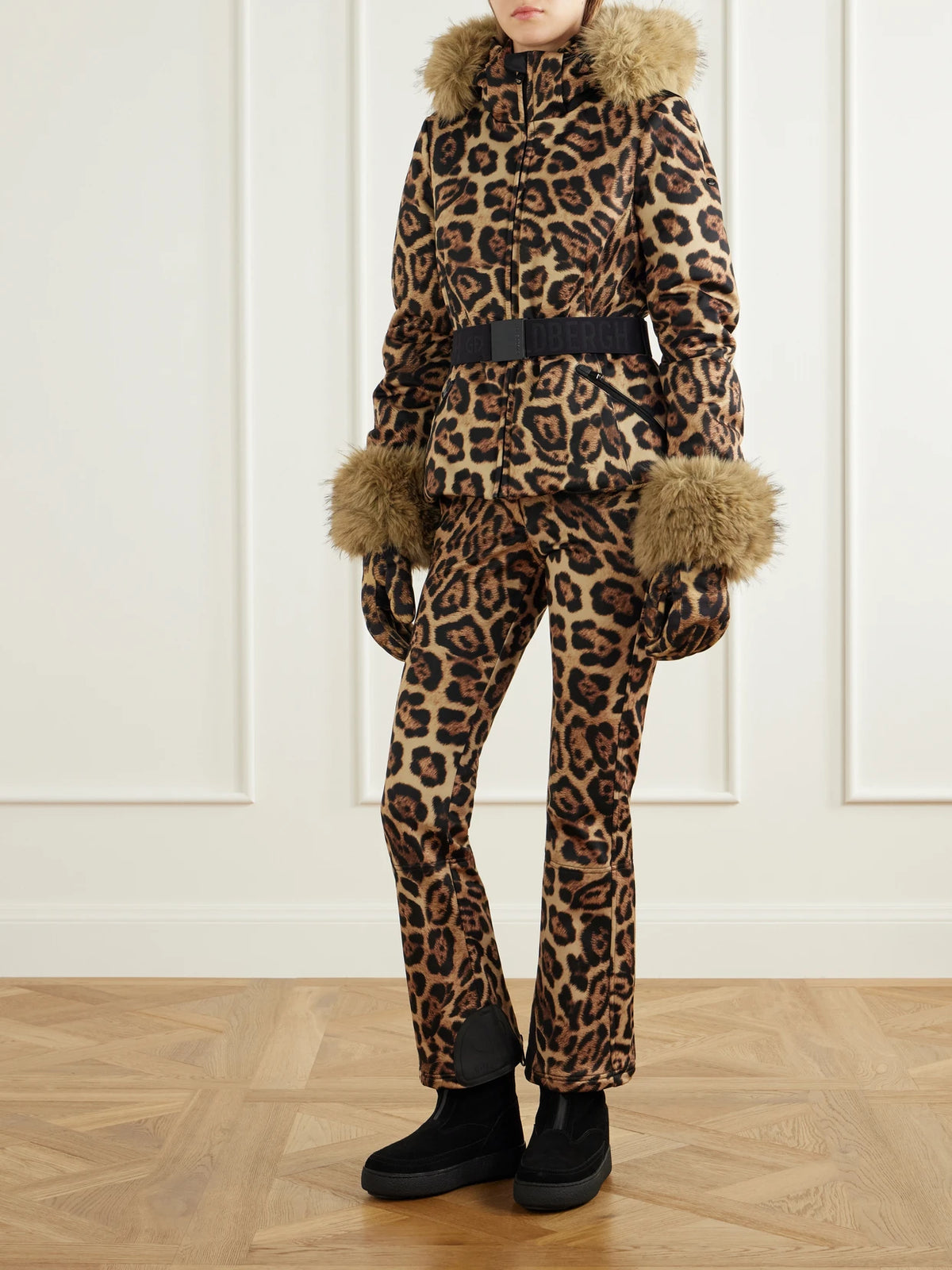 Image of Coats & Jackets. Product name - Jagger Belted Plush-trimmed Leopard-print Ski Jacket in Leopard print colour by brand - Goldbergh