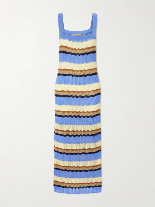 Image of Dresses. Product name - Palazzo Striped Ribbed Silk And Linen-blend Midi Dress in Blue colour by brand - Guest In Residence