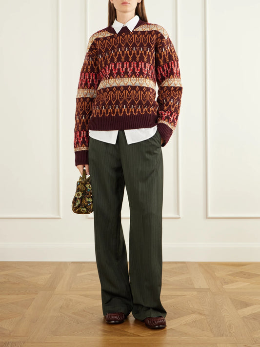 Image of a model wearing Outerwear. Product name - Fair Isle Intarsia-knit Wool And Cashmere-blend Sweater in Burgundy colour by brand - Dries Van Noten