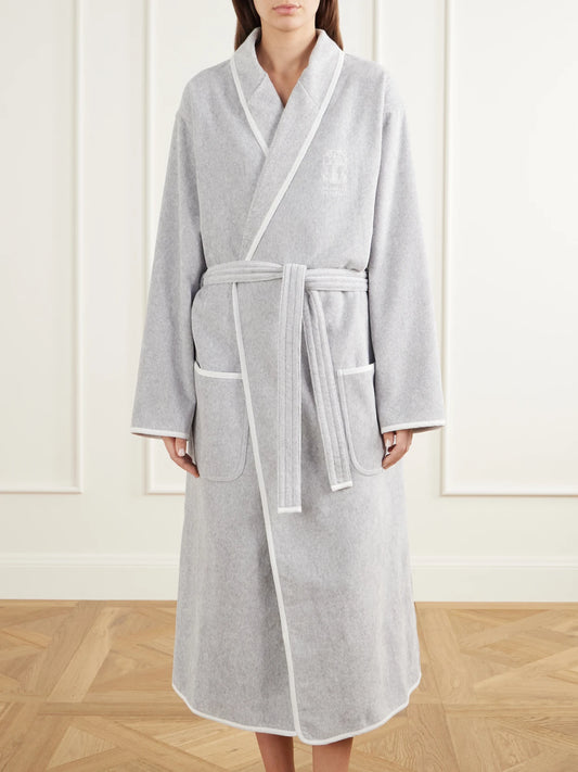 Image of Lingerie. Product name - Logo-embroidered Cotton-terry Robe in Gray colour by brand - Brunello Cucinelli