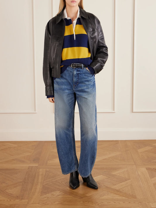Image of a model wearing Outerwear. Product name - Rashida Striped Wool And Cashmere-blend Polo Sweater in Multi colour by brand - Nili Lotan