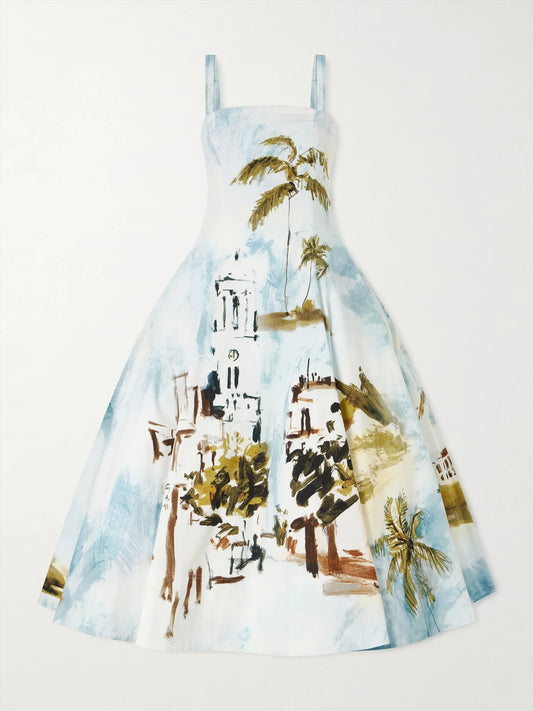 Dominican Landscape Printed Cotton-poplin Midi Dress
