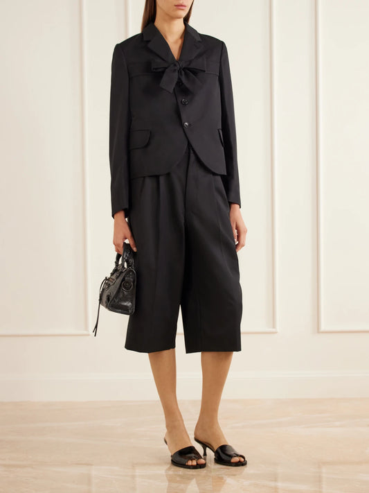 Image of Coats & Jackets. Product name - Bow-detailed Gabardine Blazer in Black colour by brand - Comme des Garçons GIRL