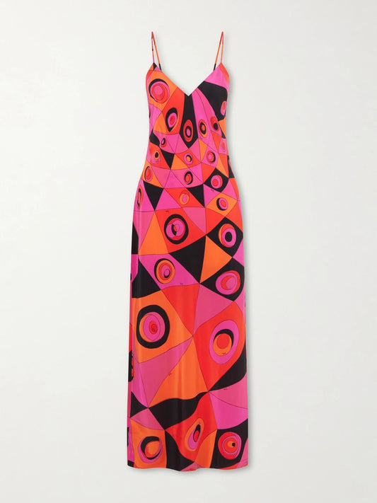 Image of Dresses. Product name - Printed Silk Crepe De Chine Maxi Dress in Bright pink colour by brand - PUCCI