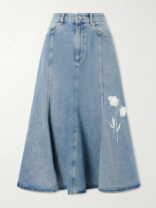 Image of Jeans. Product name - Embroidered Paneled Denim Midi Skirt in Light denim colour by brand - Erdem