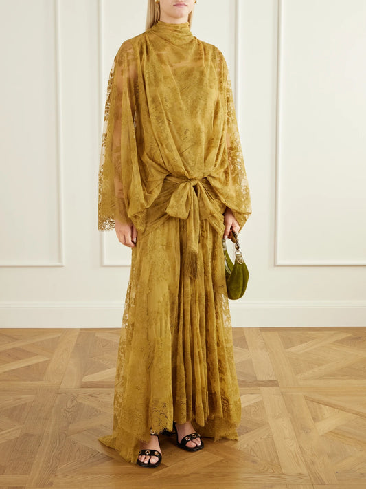 Image of Dresses. Product name - Ascent Bow-detail Gathered Lace Gown in Yellow colour by brand - Zimmermann
