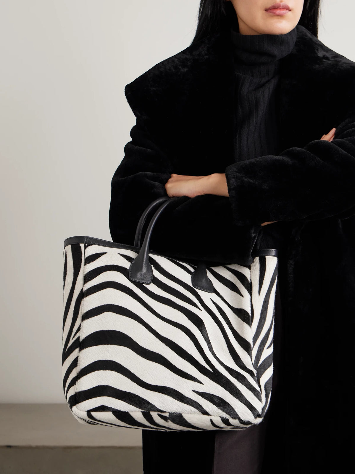Image of Bags. Product name - Freddie Leather-trimmed Zebra-print Calf Hair Tote in Zebra print colour by brand - Nili Lotan
