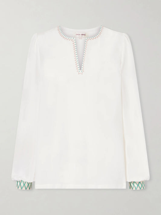 Image of a model wearing Tops. Product name - Vera Embroidered Silk-crepe Blouse in Multi colour by brand - Emporio Sirenuse