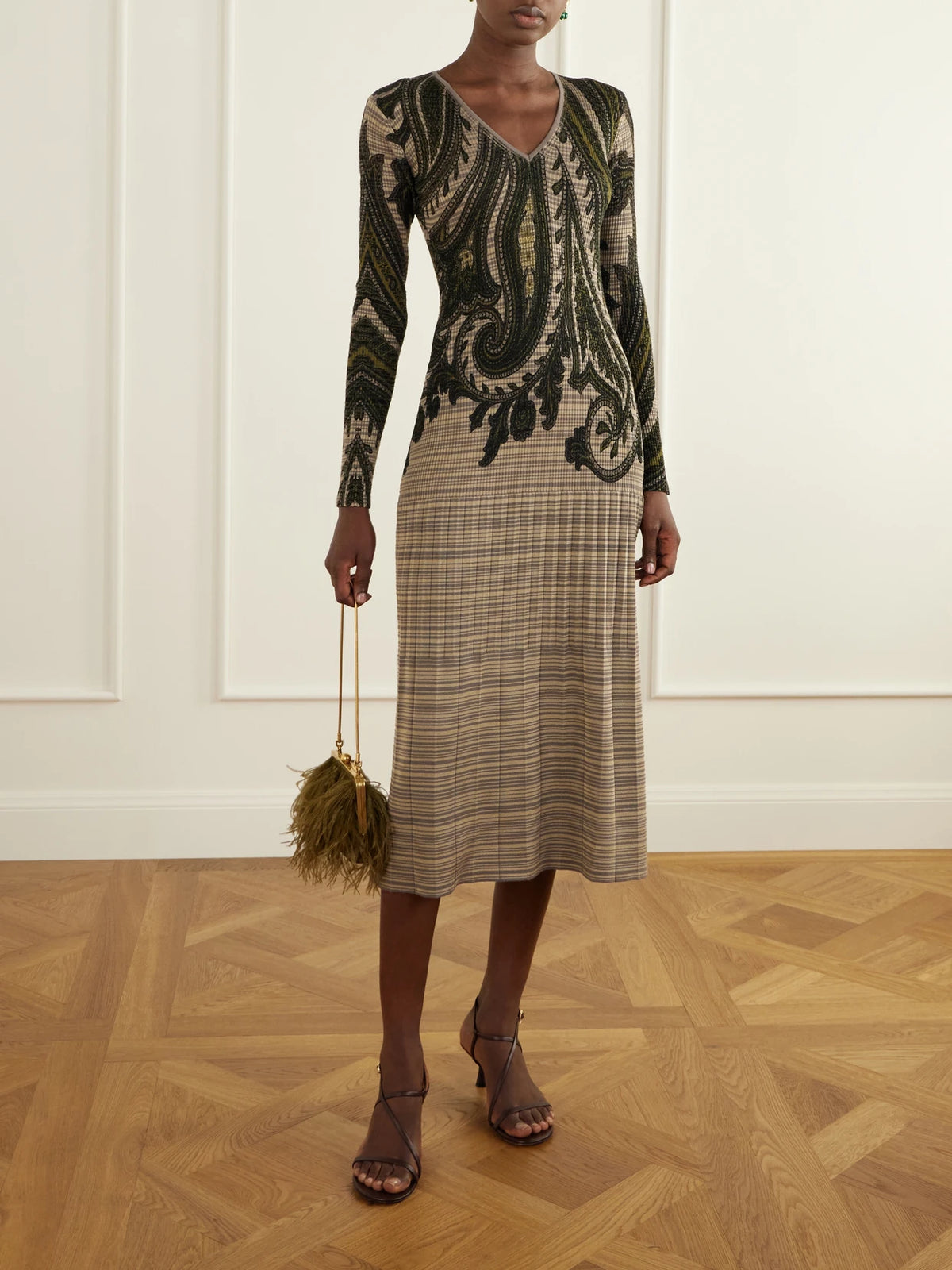 Image of Dresses. Product name - Printed Ribbed-knit Midi Dress in Gray colour by brand - Etro