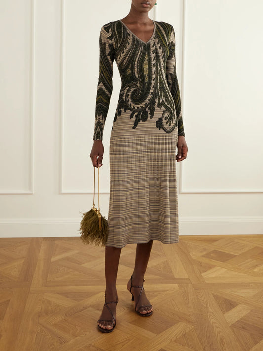 Image of Dresses. Product name - Printed Ribbed-knit Midi Dress in Gray colour by brand - Etro