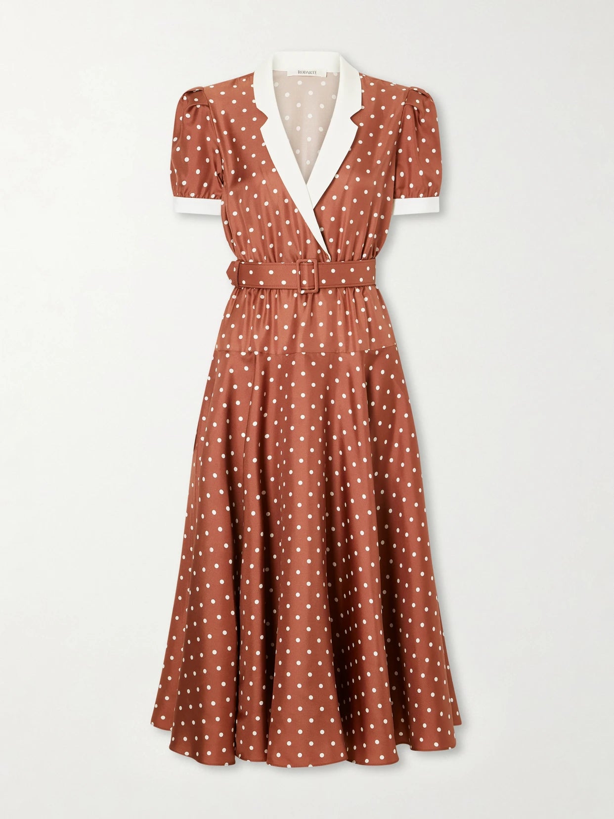 Belted Pleated Polka-dot Crepe-trimmed Silk-twill Midi Dress