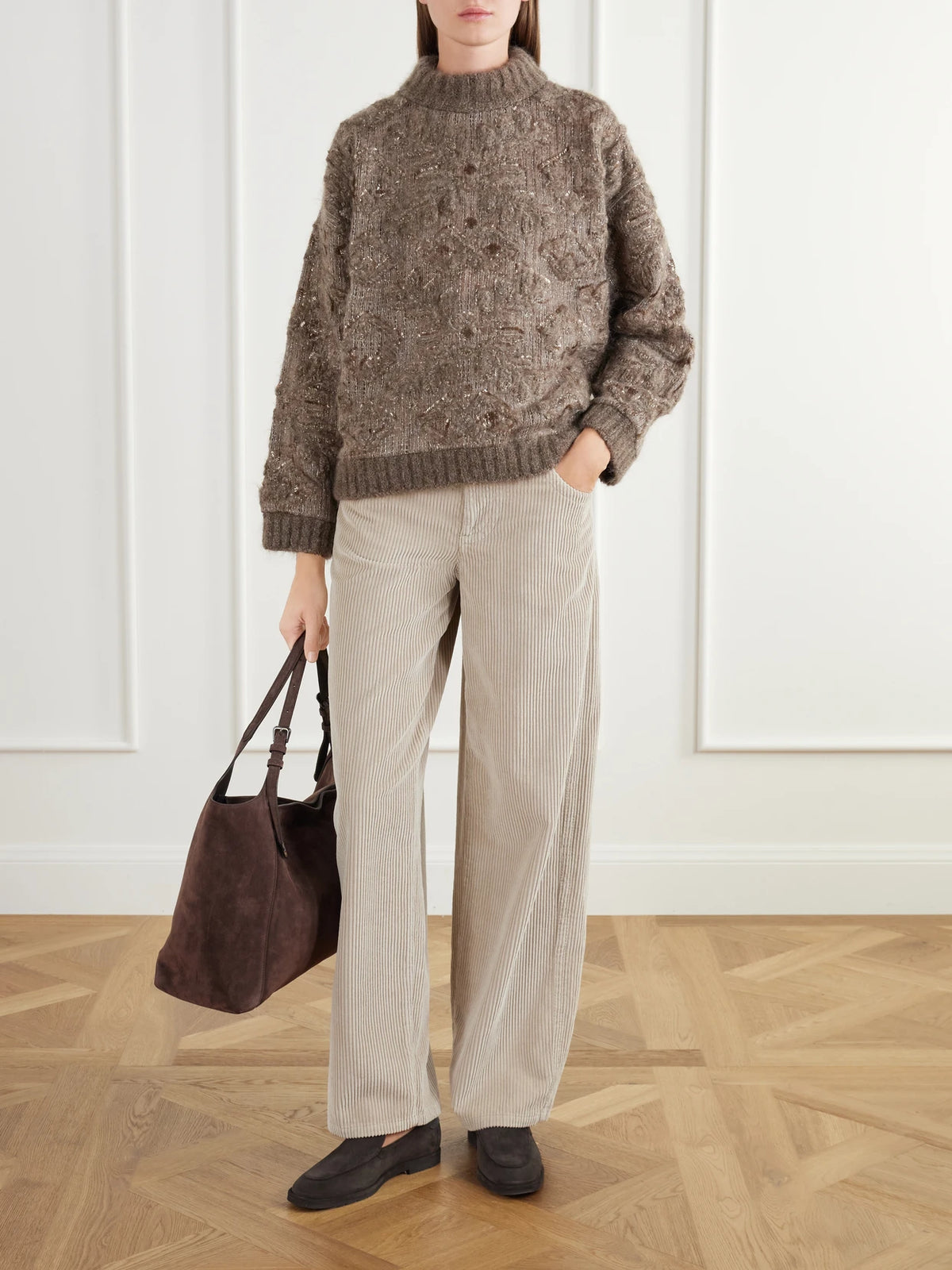 Image of a model wearing Outerwear. Product name - Sequin-embellished Jacquard Sweater in Brown colour by brand - Brunello Cucinelli
