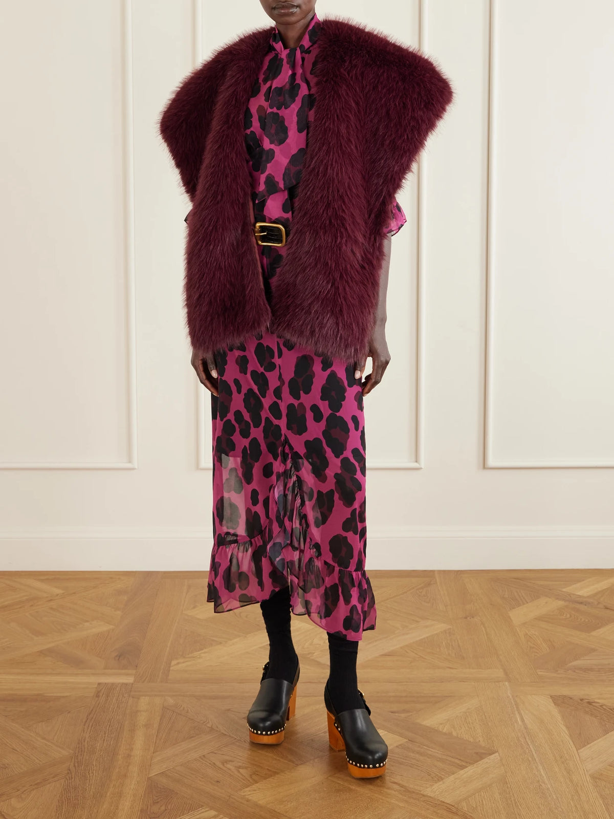 Image of Dresses. Product name - Tie-detailed Ruffled Animal-print Voile Midi Dress in Pink colour by brand - Anna Sui