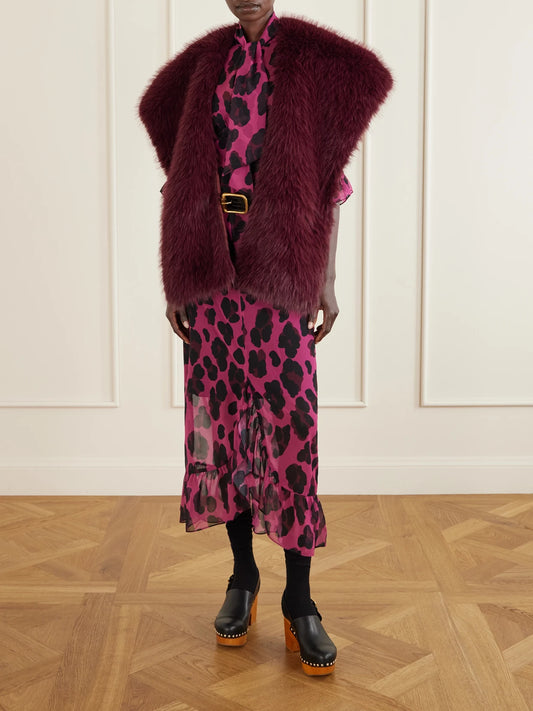 Image of Dresses. Product name - Tie-detailed Ruffled Animal-print Voile Midi Dress in Pink colour by brand - Anna Sui