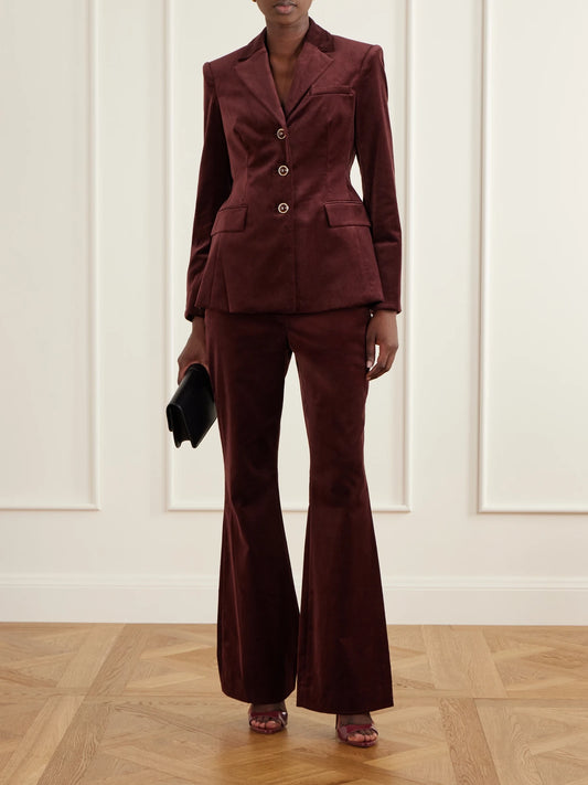 Image of Coats & Jackets. Product name - Raelynn Dickey Cotton-blend Velvet Jacket in Burgundy colour by brand - Veronica Beard