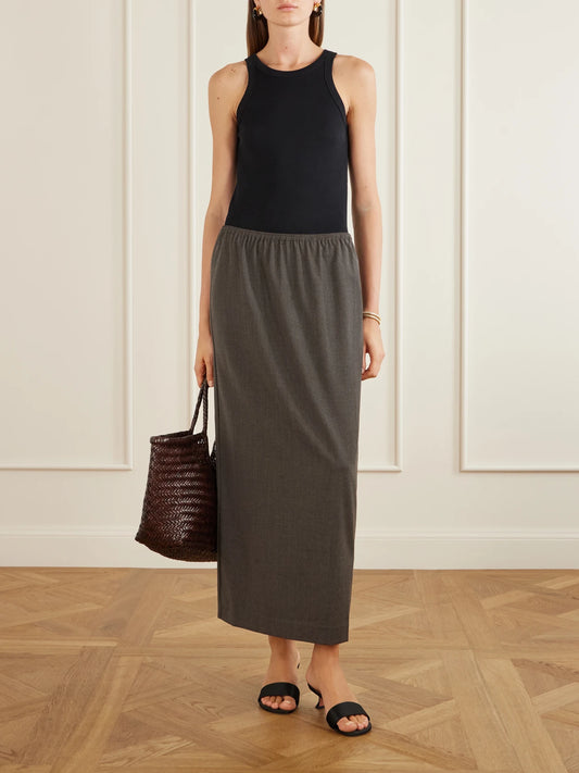 Image of a model wearing Skirts. Product name - Wool-blend Maxi Skirt in Gray colour by brand - ST. AGNI