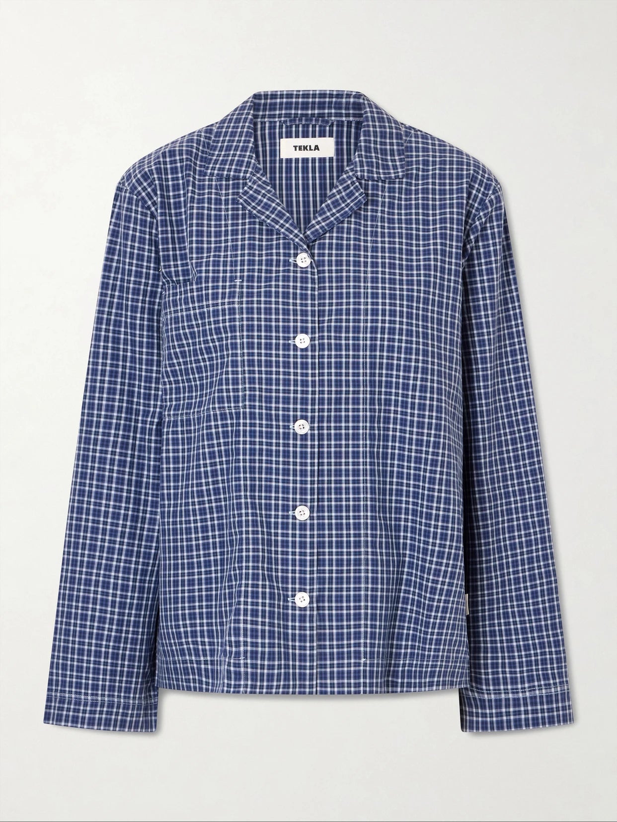 Image of Lingerie. Product name - Checked Organic Cotton Pajama Shirt in Blue colour by brand - TEKLA