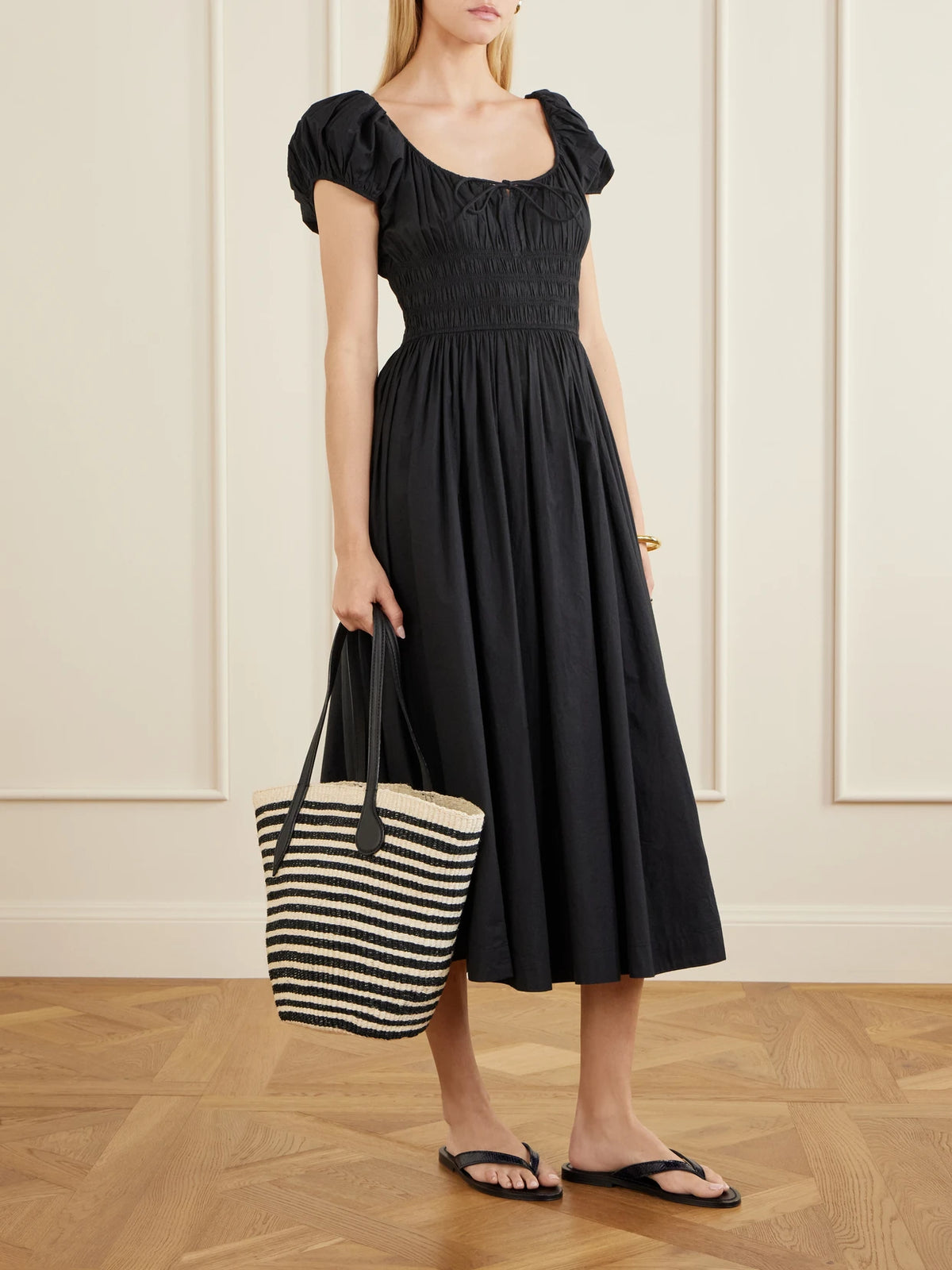 Striped Leather-trimmed Sisal Shoulder Bag