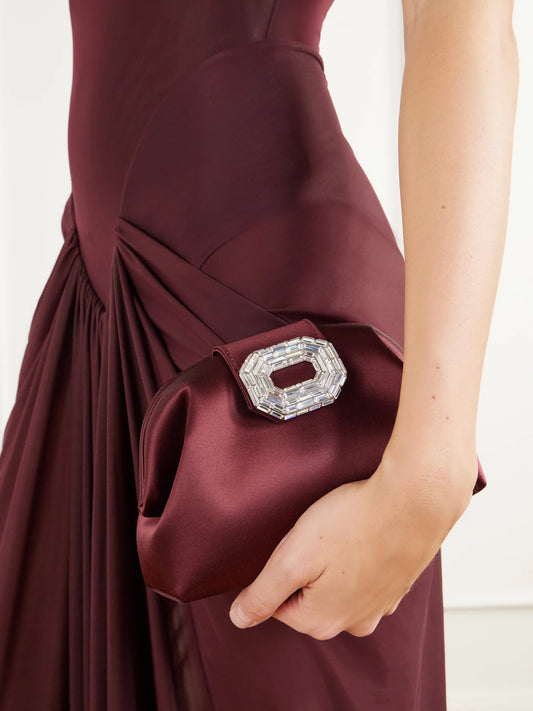 Image of Bags. Product name - Camelia Crystal-embellished Satin Clutch in Burgundy, Green colour by brand - Amina Muaddi