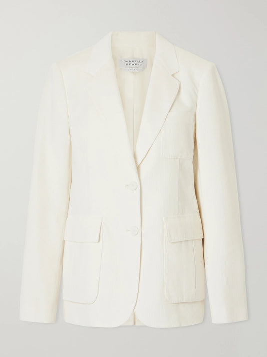Image of a model wearing Outerwear. Product name - Louisa Cotton Ribbed Blazer in Ivory colour by brand - Gabriela Hearst