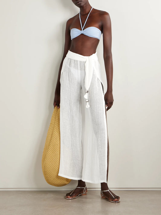 Image of Swimwear. Product name - Embellished Belted Crinkled Linen-blend Gauze Wide-leg Pants in White colour by brand - Lisa Marie Fernandez