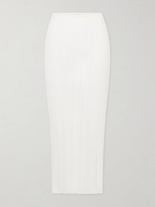 Image of a model wearing Skirts. Product name - Ivana Ribbed-knit Maxi Skirt in Off-white colour by brand - Haight