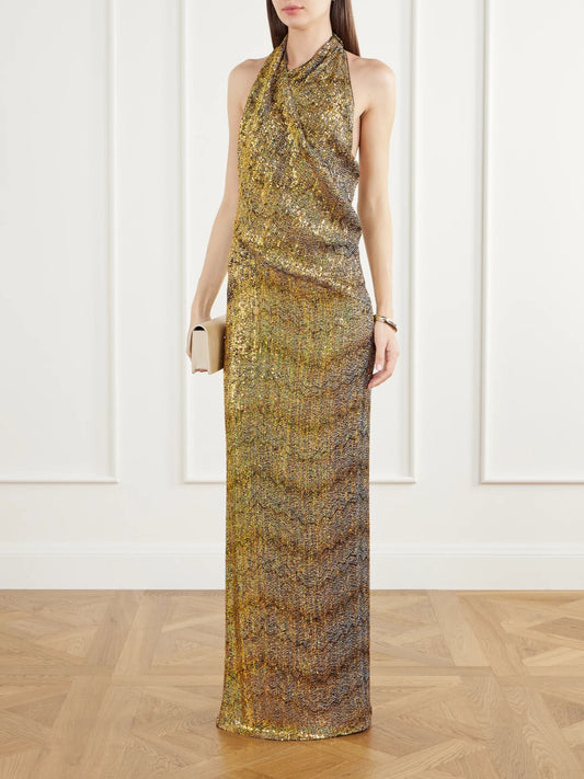 Image of Dresses. Product name - Striped Sequin-embellished Metallic Crochet-knit Halterneck Maxi Dress in Gold colour by brand - Missoni