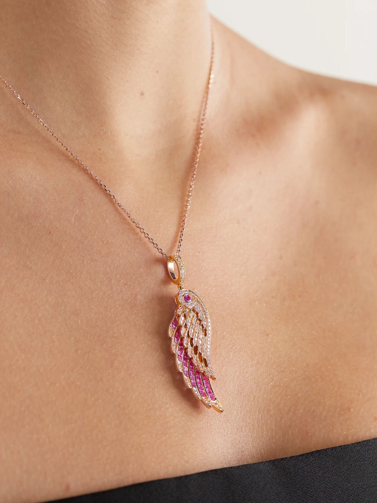 Image of Necklaces. Product name - Wings Embrace 18-karat Rose Gold, Sapphire And Diamond Necklace in Pink colour by brand - Garrard