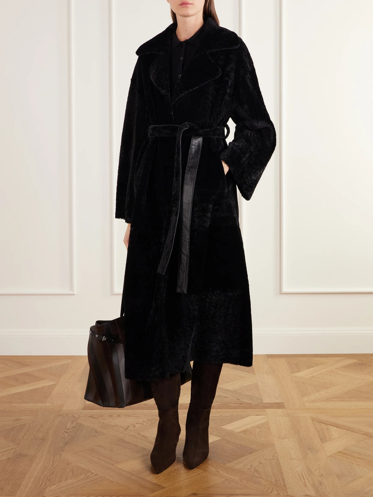 Image of Coats & Jackets. Product name - Rien Belted Reversible Shearling And Leather Coat in Black, Brown colour by brand - ARMA
