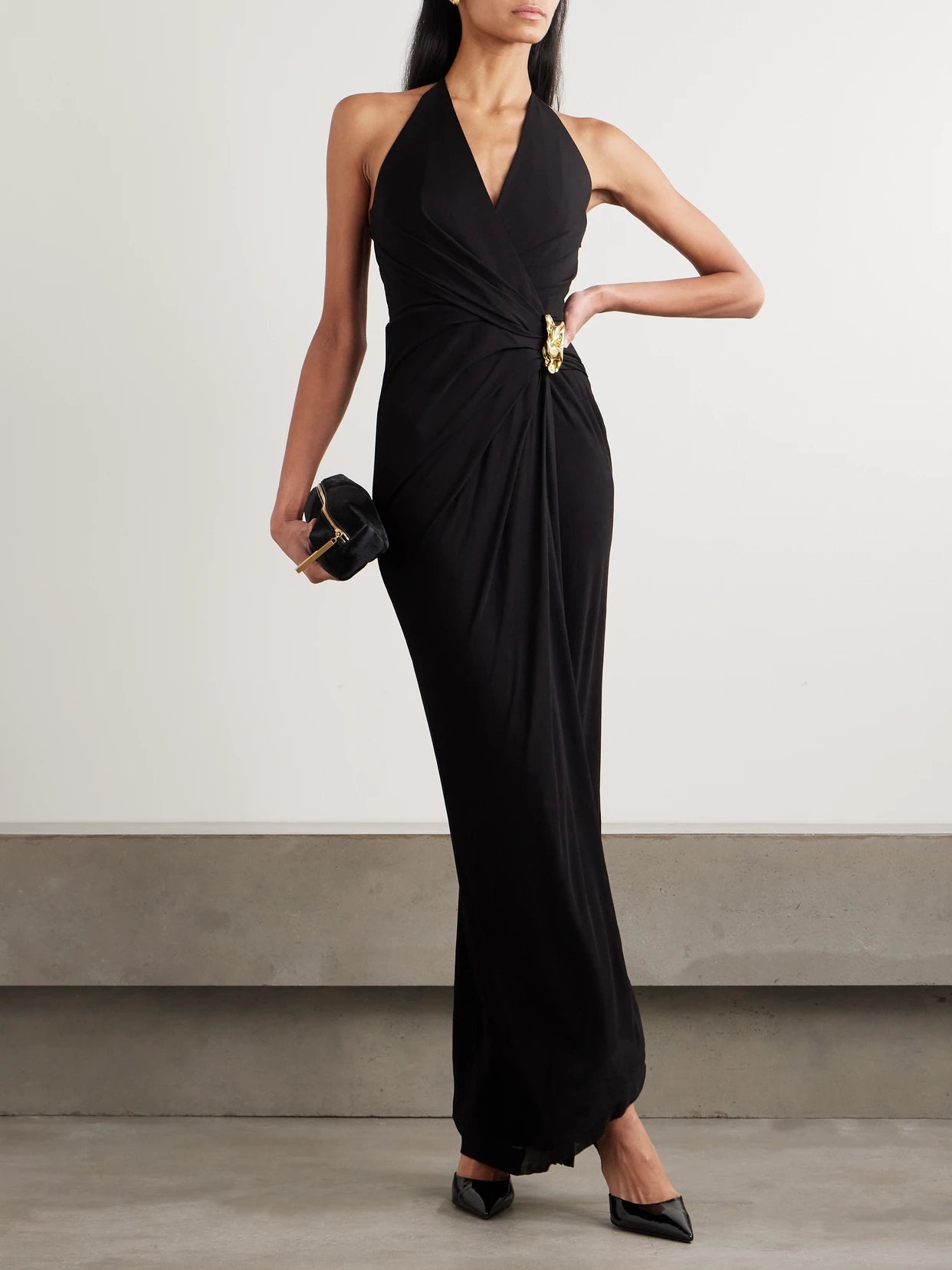 Image of Dresses. Product name - Zaley Draped Embellished Jersey Halterneck Maxi Dress in Black colour by brand - Rebecca Vallance