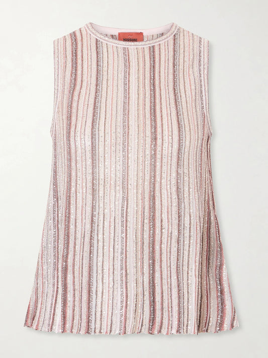 Image of a model wearing Tops. Product name - Metallic Crochet-knit Tank Top in Cream colour by brand - Missoni